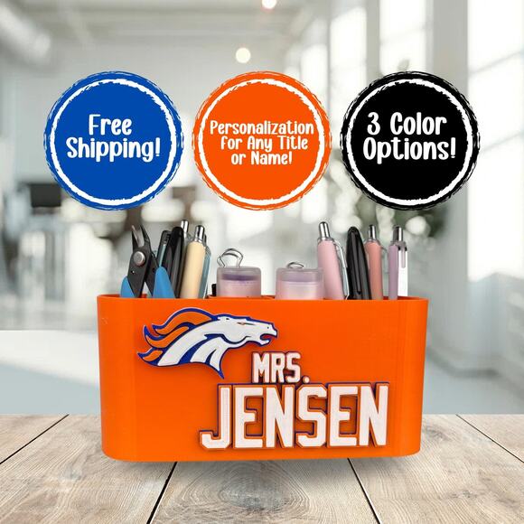 Personalized Denver Broncos Desk Organizer, Broncos Gift, Broncos Teacher Gift - Picture 1 of 10